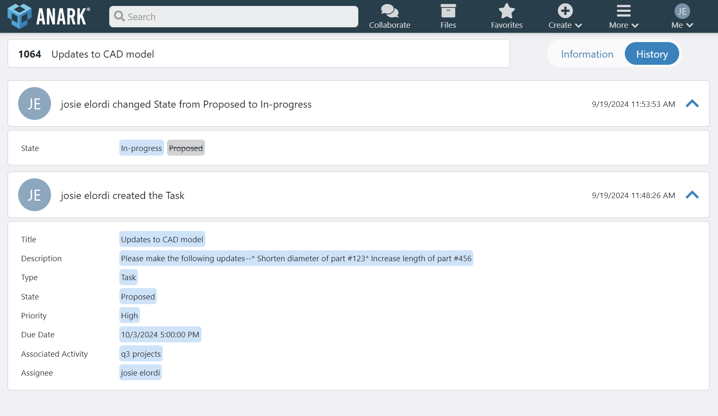 Work Item Tracking and History within Anark Collaborate